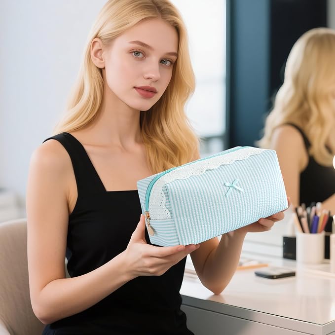 Makeup Bag Travel Toiletry Bag for Women, Small Cosmetic Bags with Lace Trim Cute Green Stripe Aesthetic Organizer Makeup Pouch for Purse Emergency Bag Pencil Case Accessory Bag