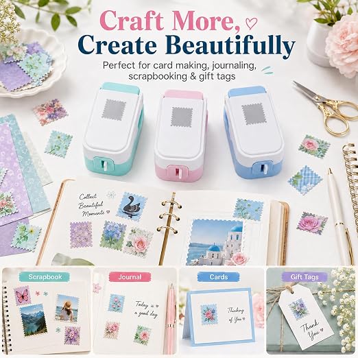 CYFUN DESIGN 3 Pcs Stamp Punch, 1x0.8 inch Postage Stamps Punch, Stamp Cutter, Stackable Design Stamps Punches, Craft Cutter Hole Puncher for Scrapbooking Journaling Card Making Junk Journal Supplies