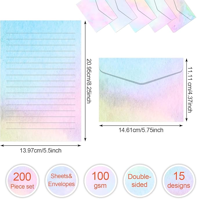 Geyee 200 Pieces Watercolor Stationary Paper and Envelopes Include 100 Lined Sheets and Envelopes, 5. 5 x 8. 25 Inch Double Sided Printing Letter Writing Paper with Mailers(Watercolor)