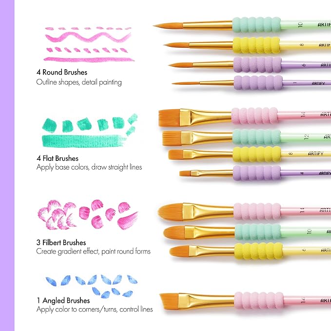 Artify Paint Brushes for Kids, 12-Sizes Paint Brush Set for Kid's Arts and Crafts, Ergonomic Donuts Handle | Macaron Colors Kids Paint Brushes, for Acrylic, Oil, Watercolor, Gouache, Paint by Numbers