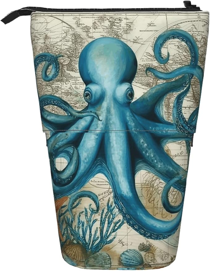 Beach Octopus Kids Standing Pencil Case Girls Boys Telescopic Stationary Pouch with Zipper Large Capacity Stand up Pen Bag Portable Makeup Holder for Children School Students Office Supplies