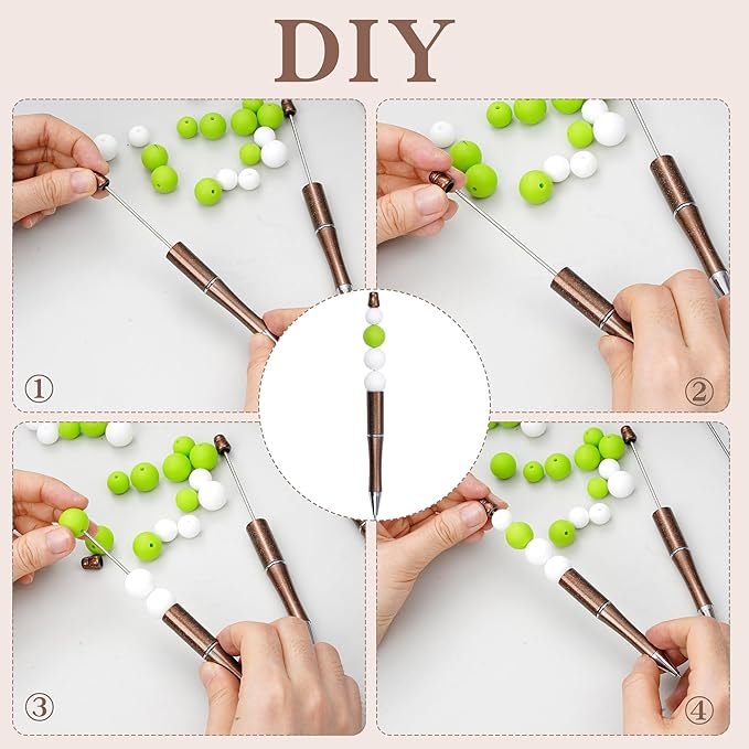 jiebor 30Pcs Beadable Pens Plastic Bead Ballpoint DIY Cute Cool Pens Black Ink for Women Men Bridal Graduation Gift Office Supplies Champagne Gold