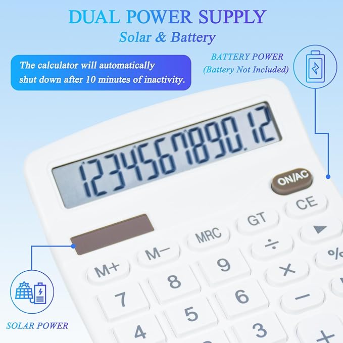 SAYEEC Desk Calculator, 12 Digit Desktop Calculator with Large LCD Display & Sensitive Button, Dual Solar Power & Battery, Standard Office Calculators Basic Function Calculators for Home School, White