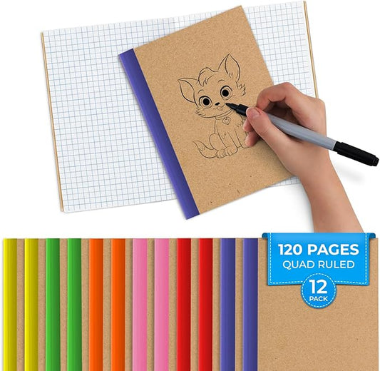 Rosmonde 12 Pack Graph Paper Notebook, No Bleed, Extra Pages - 120 Pages (60 Sheets), Softcover Kraft Journal, A5-8 x 5.7, Graph Composition Notebook, Quad Ruled Notebook, Grid Notebook