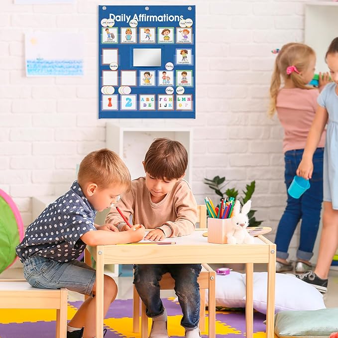 Daily Affirmations Pocket Chart with Mirror for Kids Classroom Teacher Teaching Supplies Calm Down Corner with Behavior Support Cards for School Activities