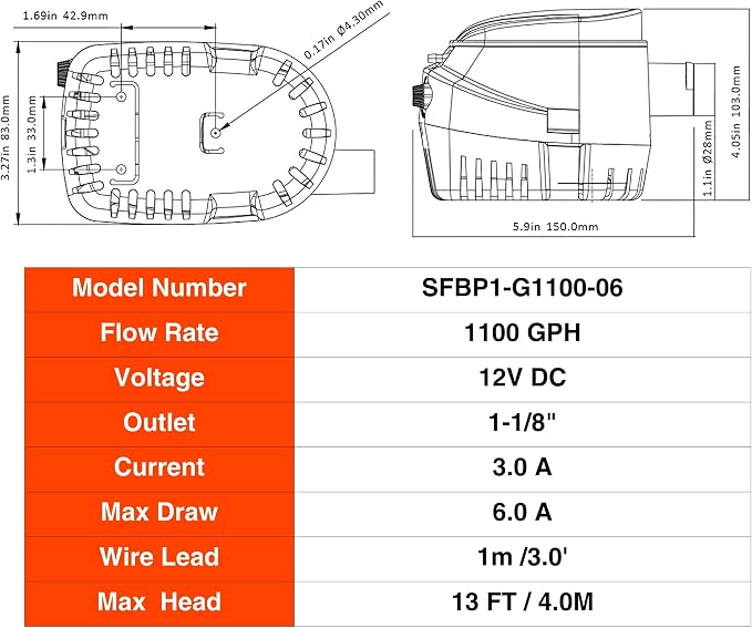 SEAFLO 06 Series Automatic Submersible Bilge Pump - 1100 GPH, 12V, 1-1/8"" Outlet, 4-Year Warranty! Built-In Float Switch, Snap-Off Strainer, Compact for Marine Boat Yacht, CE & Rohs Certified