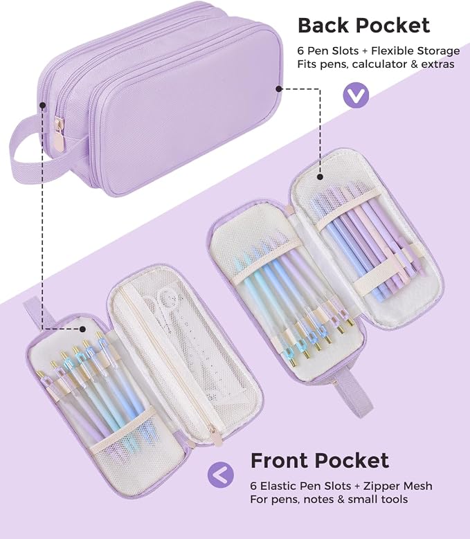 SKYDUE Large Capacity Pencil Case with Handle, 3 Compartment Canvas Pencil Pouch, Cute Soft Color Pencil Bag for Pens, Markers, Aesthetic Stationery and Organizer for Teen Girls Adult, Purple