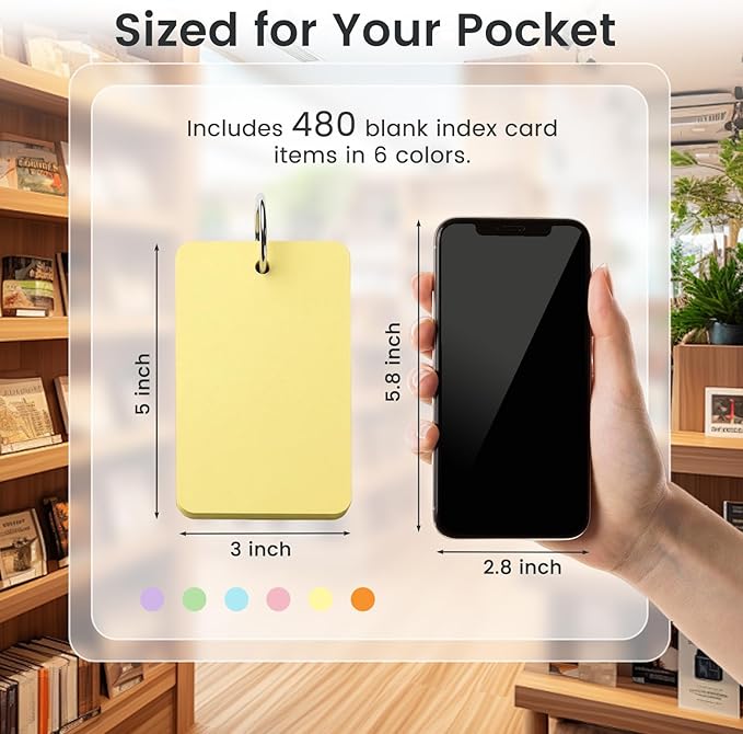 Koogel Index Cards with Ring for Studying, 480 PCS, 3x5 Inch, Colored Flash Cards with Key Ring, Notecard for School College Memory Vocabulary Greeting Memo Home Organization Supplies, 6 Colors