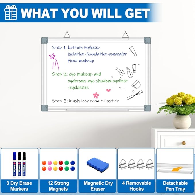 Magnetic Whiteboard Dry Erase Board for wall 24" x18 Magnet Hanging White Board for Home, School, Office