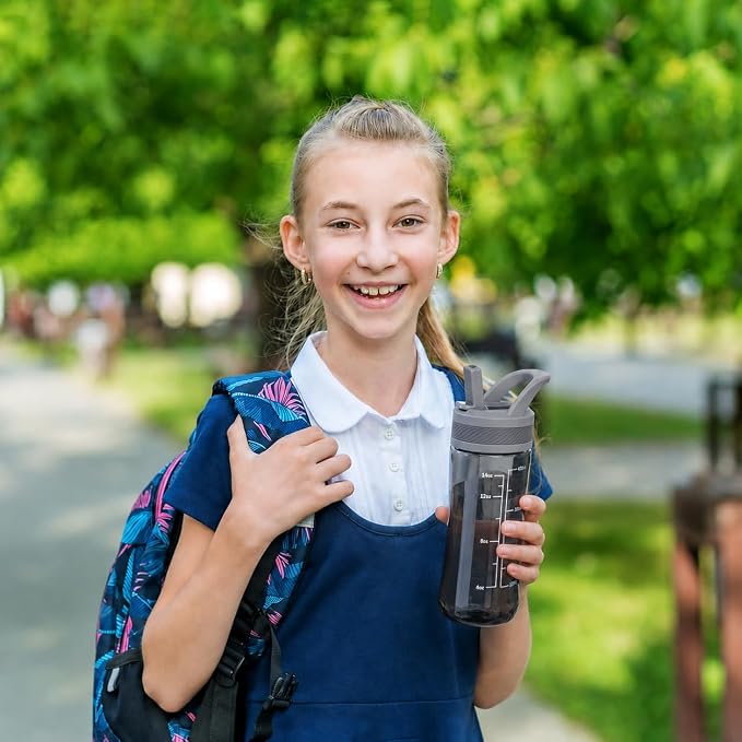 14oz Clear Kids Water Bottle with Straw Lid, BPA-Free Tritan, Measurement Scale, Sturdy Handle Wide Mouth Leak-proof Reusable Plastic Bottle for Boy& Girls, Back to School(Gray)