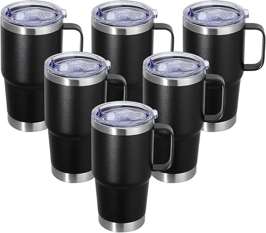 20 oz Stainless Steel Tumbler with Handle Bulk Metal Insulated Tumblers Travel Coffee Mug with Handle Double Wall Tumbler Cup with Lid and Straw, Black 6 Pack