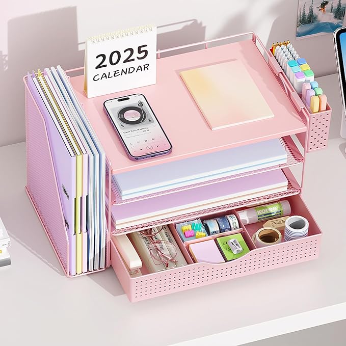 gianotter Wood Desk Organizers and Accessories with File Holder, 4-Tier Desk Accessories & Workspace Organizers with Drawer and Pen Holder, Desk Reference Organizer (Pink, 4T with Drawer)
