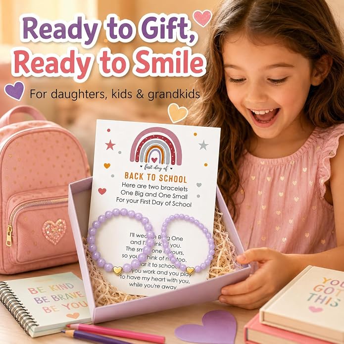 Back to School Bracelets Heart Matching Mommy and Me Elastic Wish Strings Bead Bracelets First Day of School Supplies Gifts