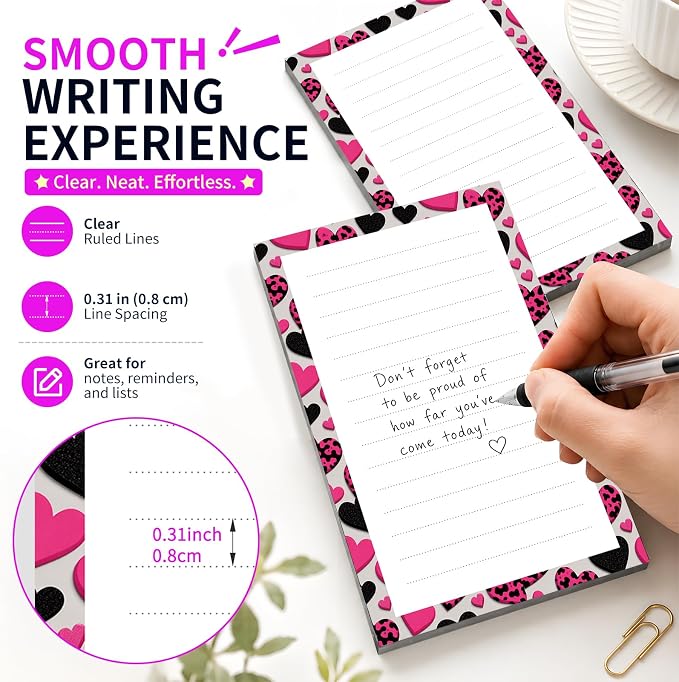 Lined Sticky Notes 4x6 in, 2 Pack Large Cute Notepads with Lines Self-Stick Note Pad, Funny Memo Pads Strong Adhesive for Office, Home Funny Leopard Heart