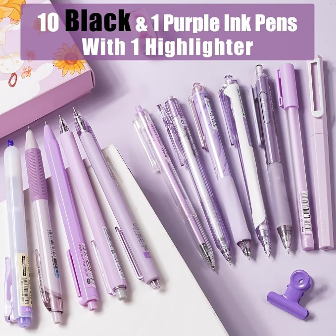 Four Candies Gel Pens, Cute Purple Pens Black Ink, 0.5mm Fine Point 12-Pack | Back to School Supplies, Office Essentials for Women, Girly Stationery Set, Aesthetic Desk Decor & Accessories - Lavender