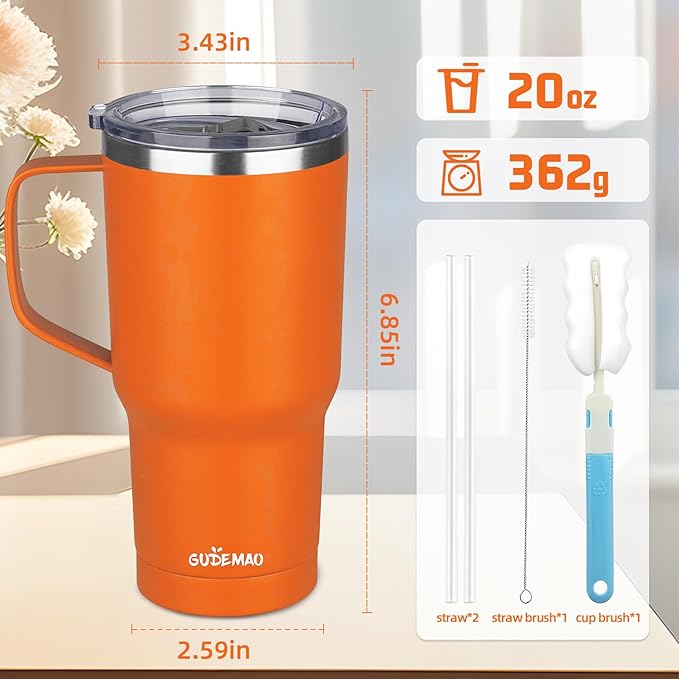 20 oz Insulated Coffee Mug with Ceramic Coating, Stainless Steel Travel Mug Tumbler with Handle Lid and Straw, Double Wall Leak-Proof Coffee Travel Mug Keeps Drink Hot and Cold (Orange)