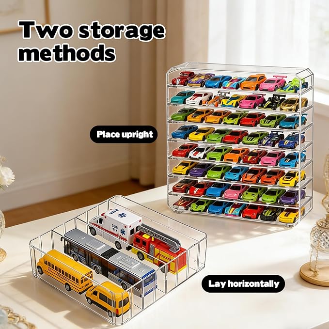 8-Tier Clear Storage Organizer Case, 2PCS 1/64 Scale Toy Car Storage Shelves Desktop Organizer Rack Compatible with Matchbox Car Hot Wheels Monster Jam Trucks Removable Acrylic Shelves
