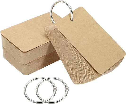 PATIKIL Blank Index Cards with Ring, 150Pcs Blank Flash Card 3.5" x 2" Note Card Study Card for Memory Learning Studying Office Supplies, Brown