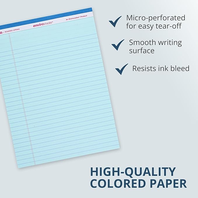 ROARING SPRING Enviroshades Blue Legal Pads, 12 Pack, Legal Ruled Recycled Colored Writing Note Pads, 8.5" x 11", 50 Sheets, Perforated Paper, Made in USA, Memo Pad For School & Office