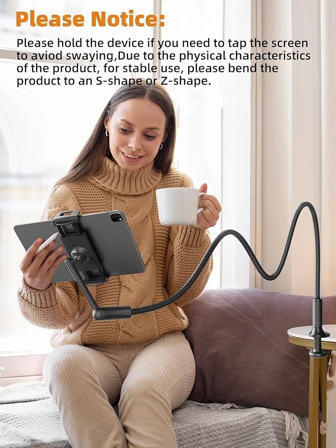 SAIJI 47" Gooseneck Kindle Holder, Tablet Holder for Bed with Upgraded Base, iPad Stand with Flexible Lazy Arm, Compatible with iPad mini Pro Air, Kindle, Galaxy or Other 4.7-11" Device (Black)