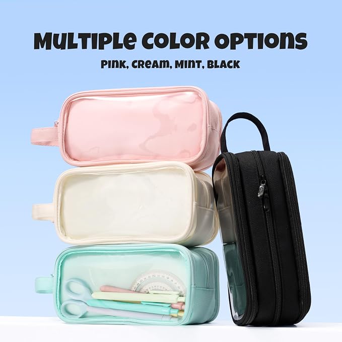 SUNEE Large Capacity Pencil Case with 3 Compartment, Extra Big Pencil Pouch, Pencil Bag with Clear Window, Pen Case School Supplies for Teens Adults Girls Boys, Black