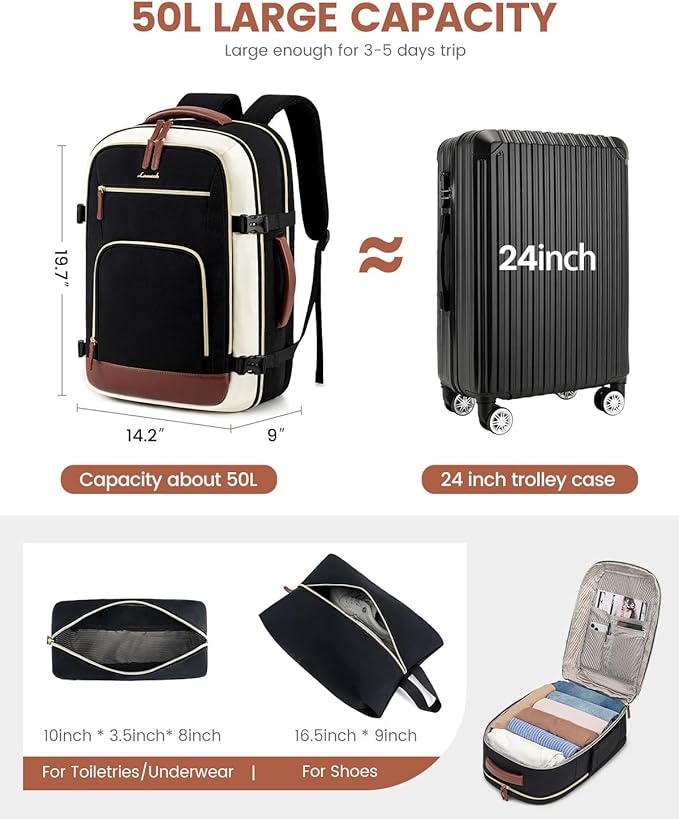 LOVEVOOK Travel Backpack For Women Flight Approved, 50L Carry on Backpack for Airplanes, Personal Item Travel Bag for Airplanes Fits 18 Inch Laptop, Business Weekender Overnight Daypack with 3 Cubes