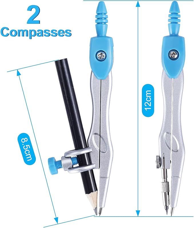 Math Geometry Kit Set 10 Pieces with Shatterproof Storage Box, Student Supplies Drawing Compass Includes Protractor, Rulers, Compass, Pencil Sharpener, Lead Refills, Pencil, Eraser(Blue)