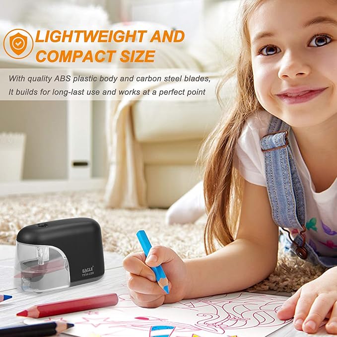 Eagle Electric Pencil Sharpener, Battery Powered Sharpener, LED Light Shinning During Sharpening, Portable, with Reusable and Replaceable Blade, Suitable for Kids, Ideal School Office Supplies (Black)