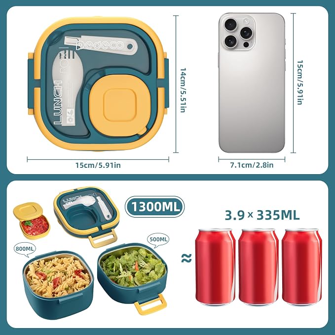 PEDECO Double-Layer Bento Lunch Box for Kids & Adults with Removable Stainless Steel Dividers,Dressing Container,BPA-Free,Dishwasher Safe - Includes Utensil,(Blue,Non-Insulated)