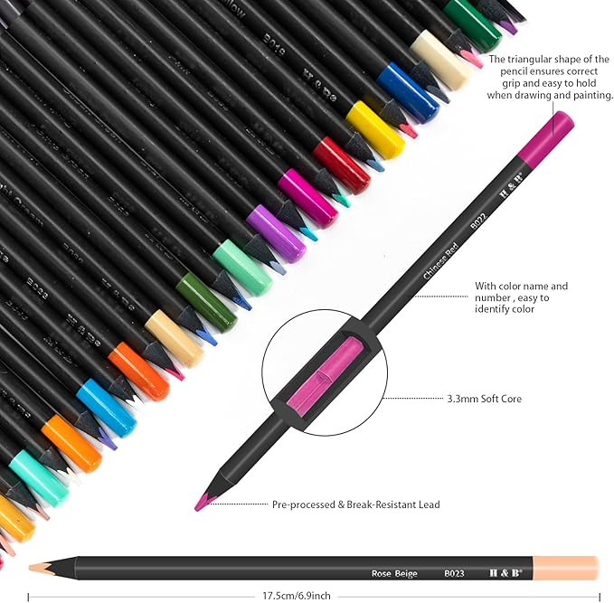 H & B 120-Color Black Wood Colored Pencils Set with Coloring Book, Eraser, Sharpener - Adult Drawing and Coloring - Artist-Grade Soft Oil-Based Cores - Works on Black Paper