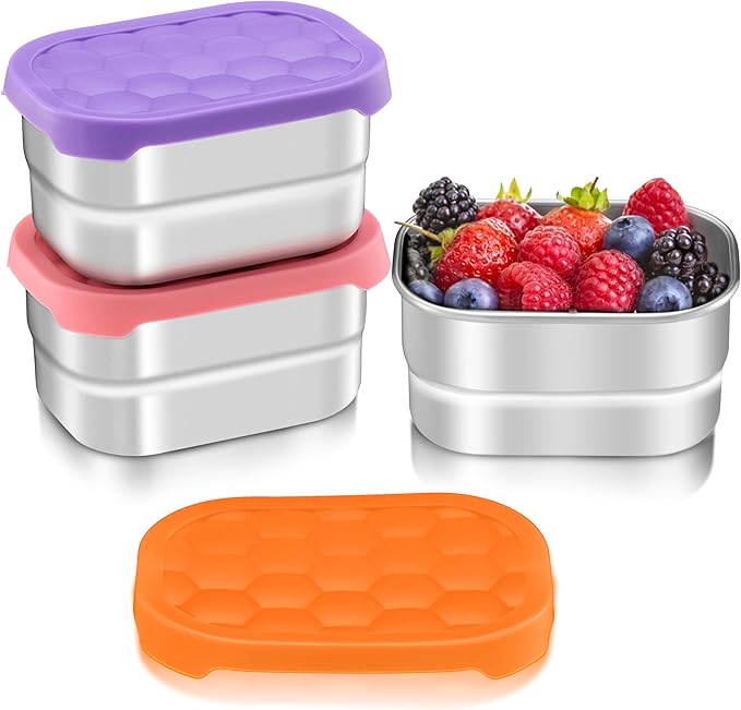 HaWare 8 oz Stainless Steel Snack Containers for Toddlers and Kids, Leak Proof Food Storage Containers with Silicone Lids, Stackable & Reusable Small Metal Lunch Box for Daycare and School- 3 Packs