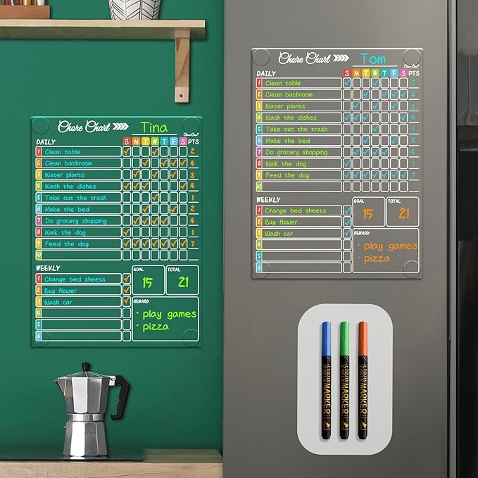 Clear Non-Magnetic Dry Erase Chore Chart - 11.5"x8.5" Behavior Responsibility Chore Board for Teenagers, Adults and Family - Sticks to Wall, Glass, Door, Any Smooth Surfaces