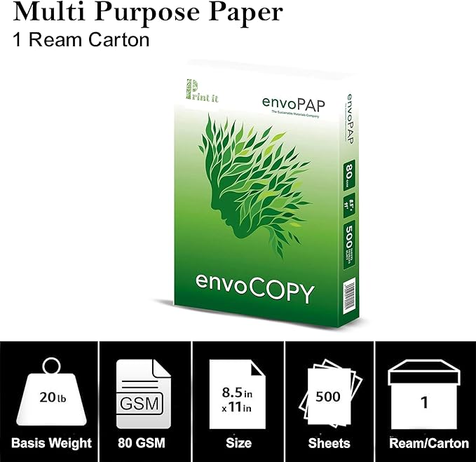envoCopy TreeFree 100% Recycled Multipurpose Paper, 8.5" x 11", 20 lbs., White, 500 Sheets/Ream