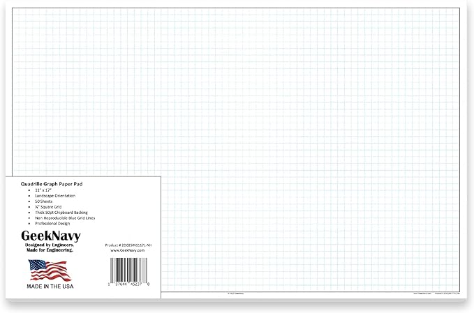 GeekNavy 11" x 17" Quadrille Graph Paper 50 Sheets Landscape - 0.25" 4x4 Square Grid, Blueprint, High Brightness, Border-Outlined, Large Drafting (1-Pack)