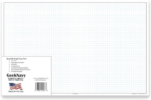 GeekNavy 11" x 17" Quadrille Graph Paper 50 Sheets Landscape - 0.25" 4x4 Square Grid, Blueprint, High Brightness, Border-Outlined, Large Drafting (1-Pack)