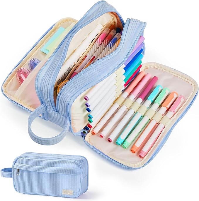 Sooez High Capacity Pencil Case, Soft Corduroy Pencil Pouch with 4 Compartments, Multiple Pockets, Large Pencil Bag with Sturdy Zipper, Cute Pencil Case Pouch Organizer for Student Teen Girls, Blue