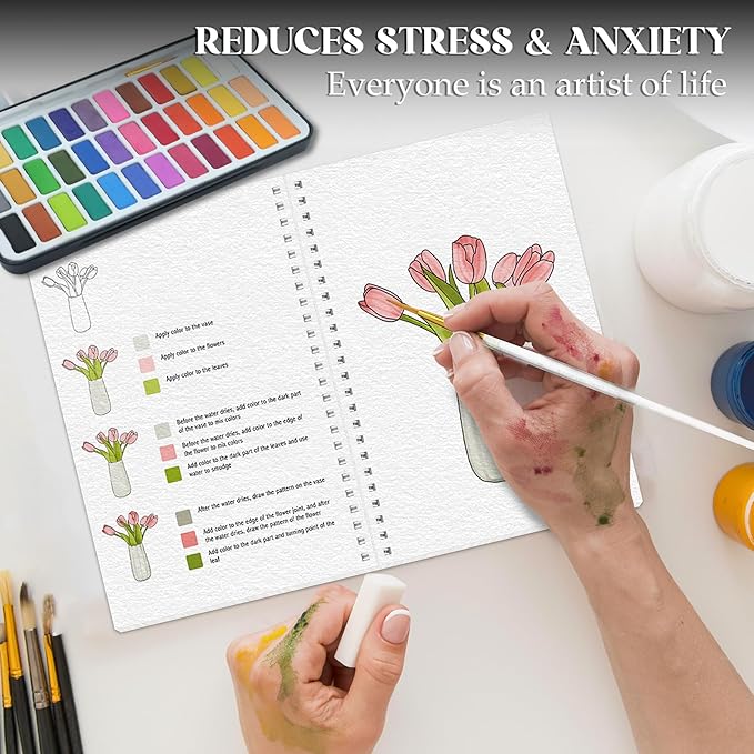 5Pcs Watercolor Workbook, Beginner-Friendly Water Coloring Book with 36 Colors Paint, Watercolor Paper, Watercolor Painting Kit - Beginner Friendly Watercolor Workbook with Step by Step for Adults