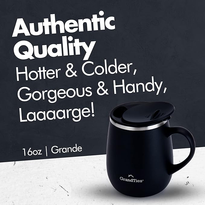 GRANDTIES Insulated Coffee Mug with Handle - Sliding Lid for Splash-Proof 16oz Wine-Glass Shape Thermal Tumbler with Double Walled Vacuum Stainless Steel to Keeps Beverages Hot or Cold-Black