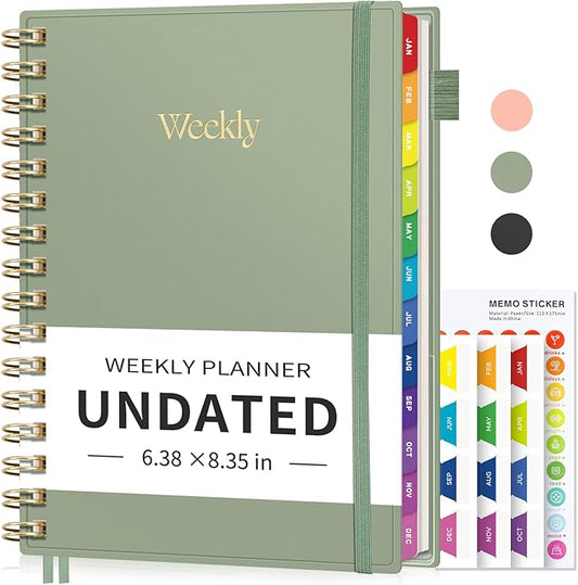 EMSHOI Undated Planner, Weekly and Monthly Calendar, 53 Weeks and 12 Months, A5 (6.38" x 8.35"), 100GSM Thick Paper, PVC Cover, Monthly Tabs, Note Pages, Start Anytime