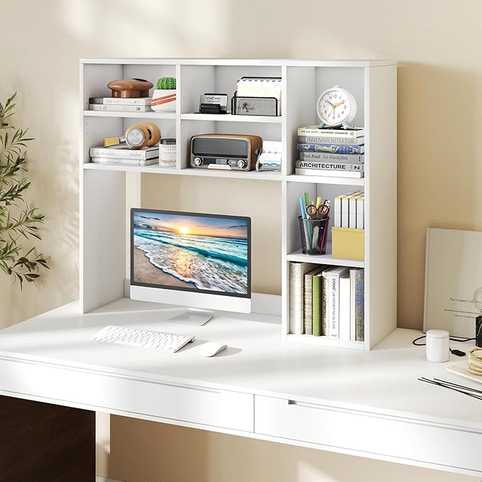 Giantex Desktop Bookshelf, Desk Hutch Dorm w/ 7 Cubes & 3 Adjustable Shelves, Desk Shelf for Up to 27" Computer Monitors, Wooden Desktop Storage Organizer for Dorm College Office Home (White)