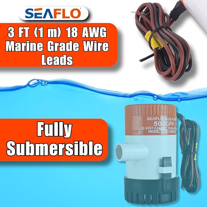 SEAFLO 01 Series 500 GPH Bilge Pump – 12V, 3/4" Outlet, Marine Submersible Pump with Anti-Airlock Protection, CE & Rohs Certified, 4-Year Warranty | Reliable for Boats and Marine Applications