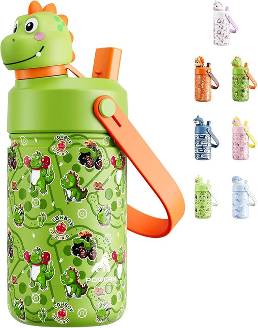 POWCAN Kids Water Bottle for School: 2-in-1 Straw Spout Lid with Soft Animal Head, Leakproof, Backpack Friendly, Keep Cold 24H, Insulated cup for Sports, Playground, Holiday Gift, Cowboy Rex 12 Ounces