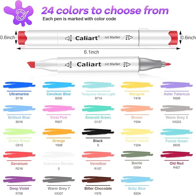 Caliart Alcohol Markers, 24 Colors Art Coloring Marker Set Fine & Chisel Dual Tip Drawing Gifts, Easter Basket Essentials, Easter Basket Stuffers