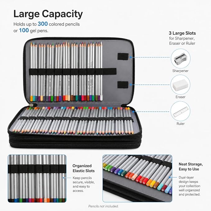 300 Slots Colored Pencil Case Organizer, 4 Layer Bag | Twill Oxford fabric,103 elastic loops,detachable handle,for travel,home storage,drawing tools,creative gifts