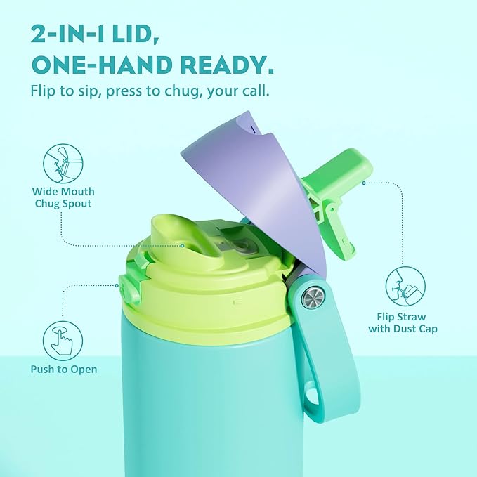 POWCAN 24 oz Insulated Water Bottle: 2-in-1 Push-Button Spout & Quick-Flip Straw, Leakproof, Cold 24Hrs, Fits Car Cup Holder, Stainless Steel Sports Water Bottle, Gift for Women, Girls (Sea Princess)