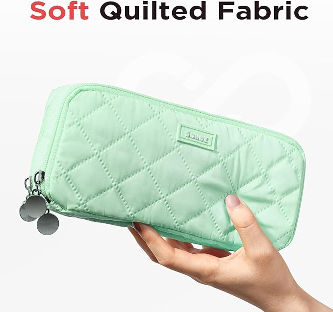 Sooez Large Pencil Case Pouch, Extra Big Pencil Bag with 8 Compartments, Pen Bag Wide Opening, Soft Quilted Pencil Pouch Organizer with Zipper, Portable Pencil Case for Teen Girls, Green