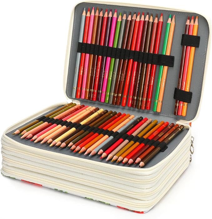 Vomgomfom 200 Slots Pencil Bag, 4-Layer Zipper Portable Art Supply Organizer, PU Leather Large Capacity Colored Pencil Case with Handle for 200 Watercolor Pens, Gel Pens (White)