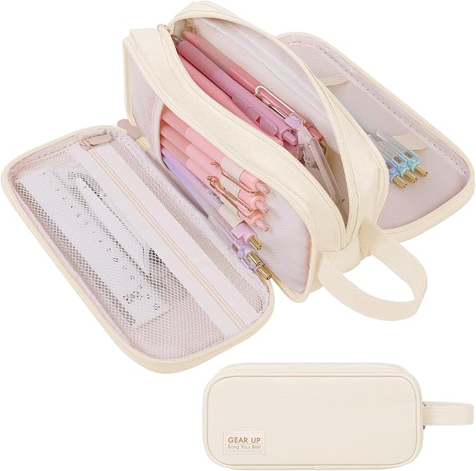 SKYDUE Large Capacity Pencil Case with Handle, 3 Compartment Canvas Pencil Pouch, Cute Soft Color Pencil Bag for Pens, Markers, Aesthetic Stationery and Organizer for Teen Girls Adult, Beige