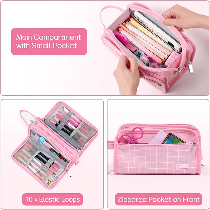 Sooez Large Pencil Case, Big Capacity Pencil Pouch Pen Bag with 3 Compartment, Portable Canvas Stationery Organizer with Zipper, Cute Aesthetic School Supplies for Teen Girls College, Pure Pink