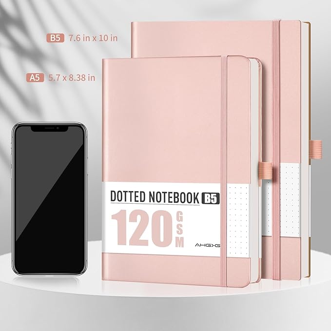 AHGXG Dotted Journal - Dot Grid Notebook Journal, 120 GSM Thick Acid-Free Paper, Large B5 Dotted Notebook 96 Pages, Leather Softcover, Inner Pocket, Journal Stencil, 7.6'' X 10'', Rose Gold